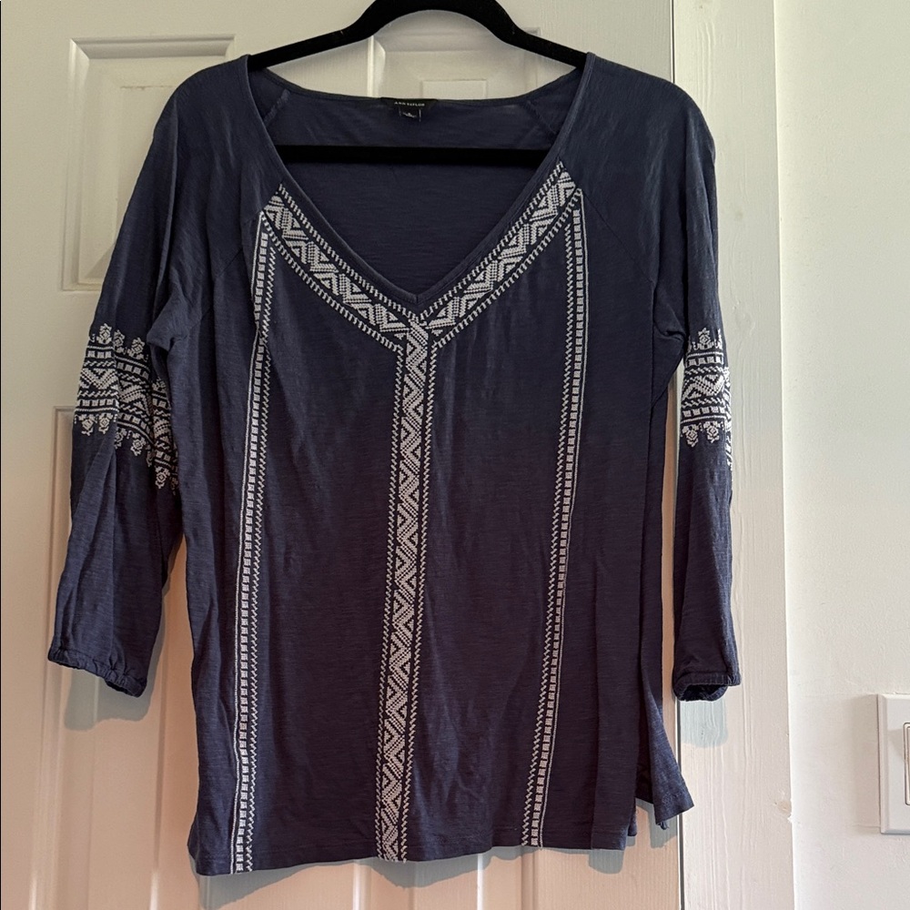Ann Taylor Blue Top with White Pattern